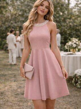 Bebop Blush Pink Pearl Neck Fit & Flare Dress Small Above Knee Elegant Formal